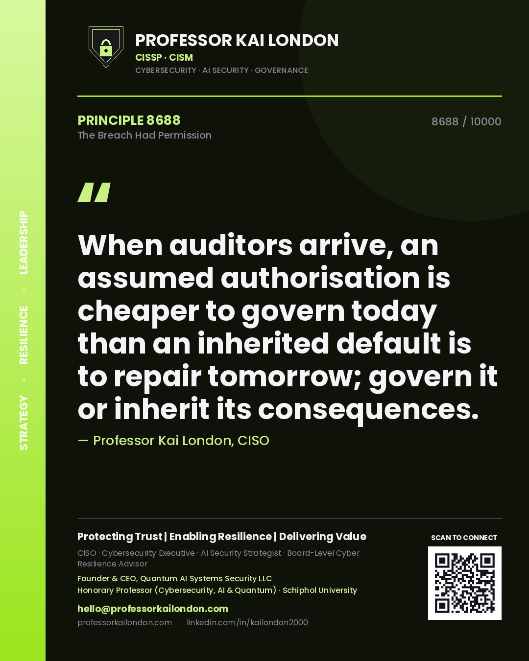 Professor Kai London principle 8688: When auditors arrive, an assumed authorisation is cheaper to govern today than an inherited default is to repair tomorrow; govern it or inherit its consequences.
