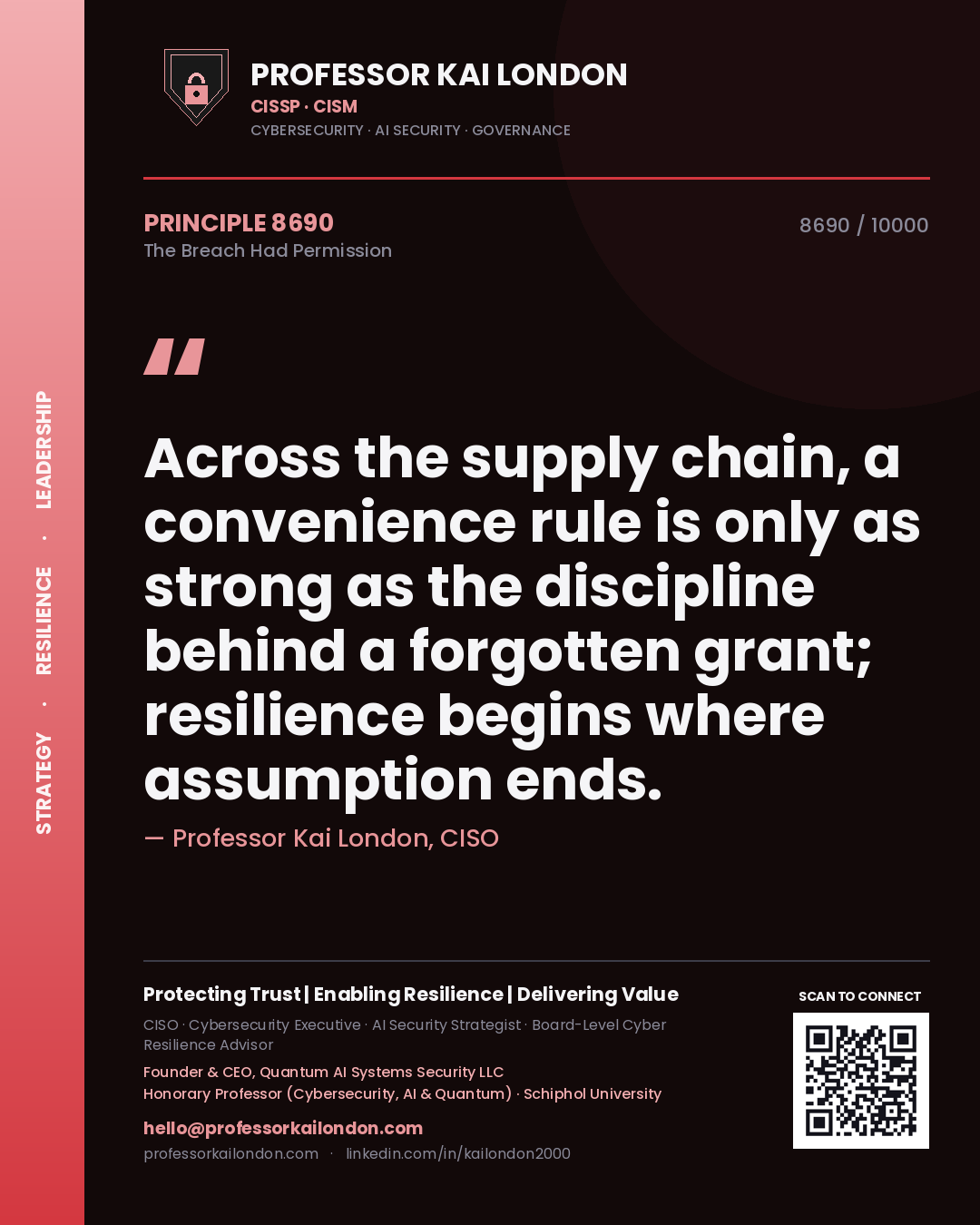 Quote card by Professor Kai London reading 'Across the supply chain, a convenience rule is only as strong as the discipline behind a forgotten grant; resilience begins where assumption ends.'. From the book The Breach Had Permission.