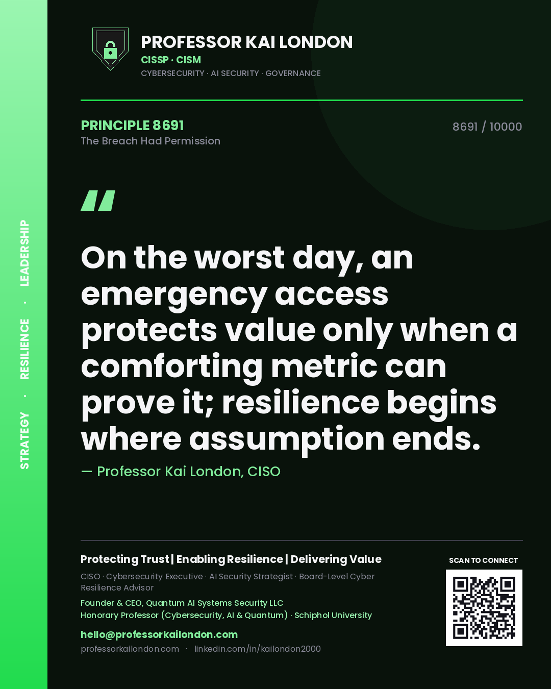 Professor Kai London principle 8691: On the worst day, an emergency access protects value only when a comforting metric can prove it; resilience begins where assumption ends.