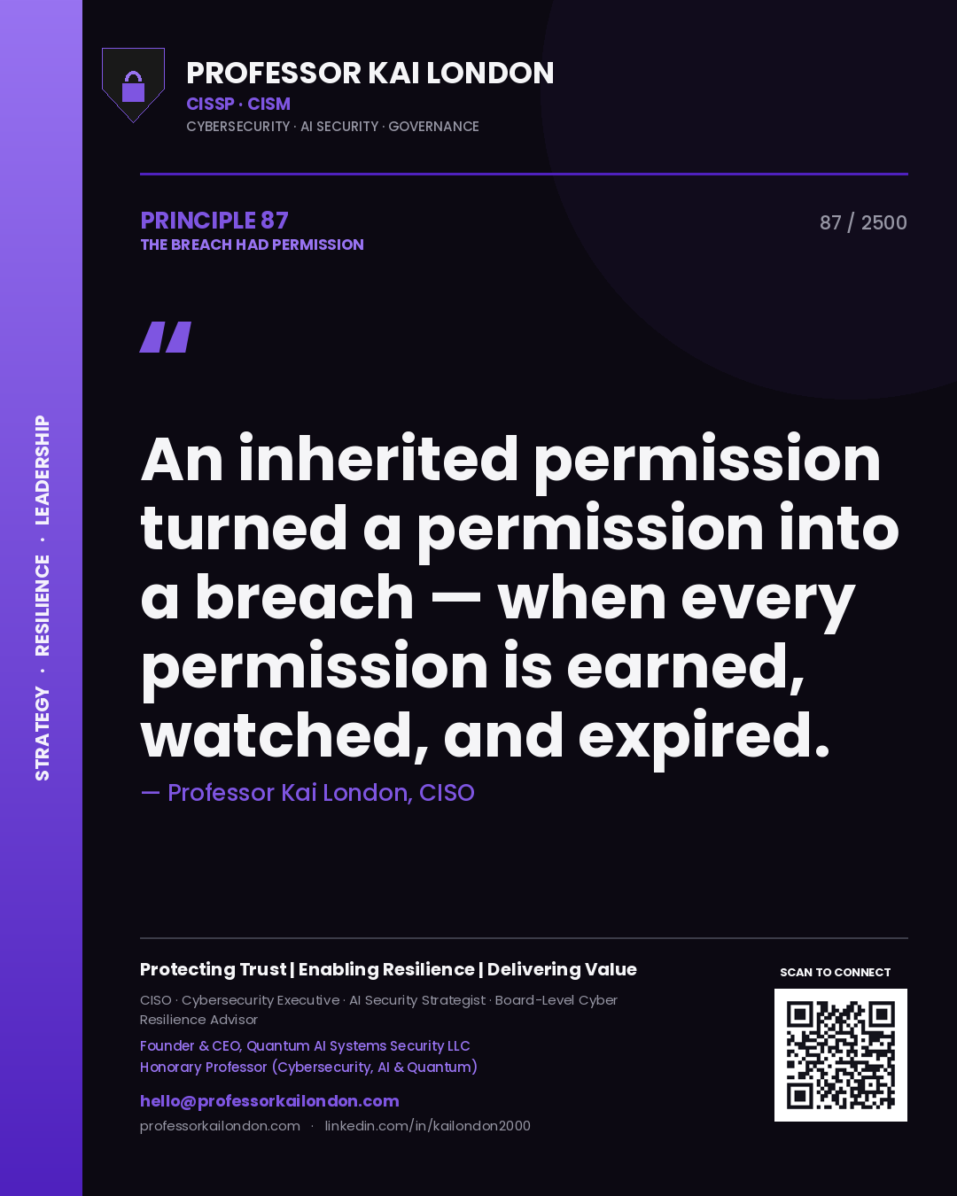 Professor Kai London principle 87: An inherited permission turned a permission into a breach — when every permission is earned, watched, and expired.