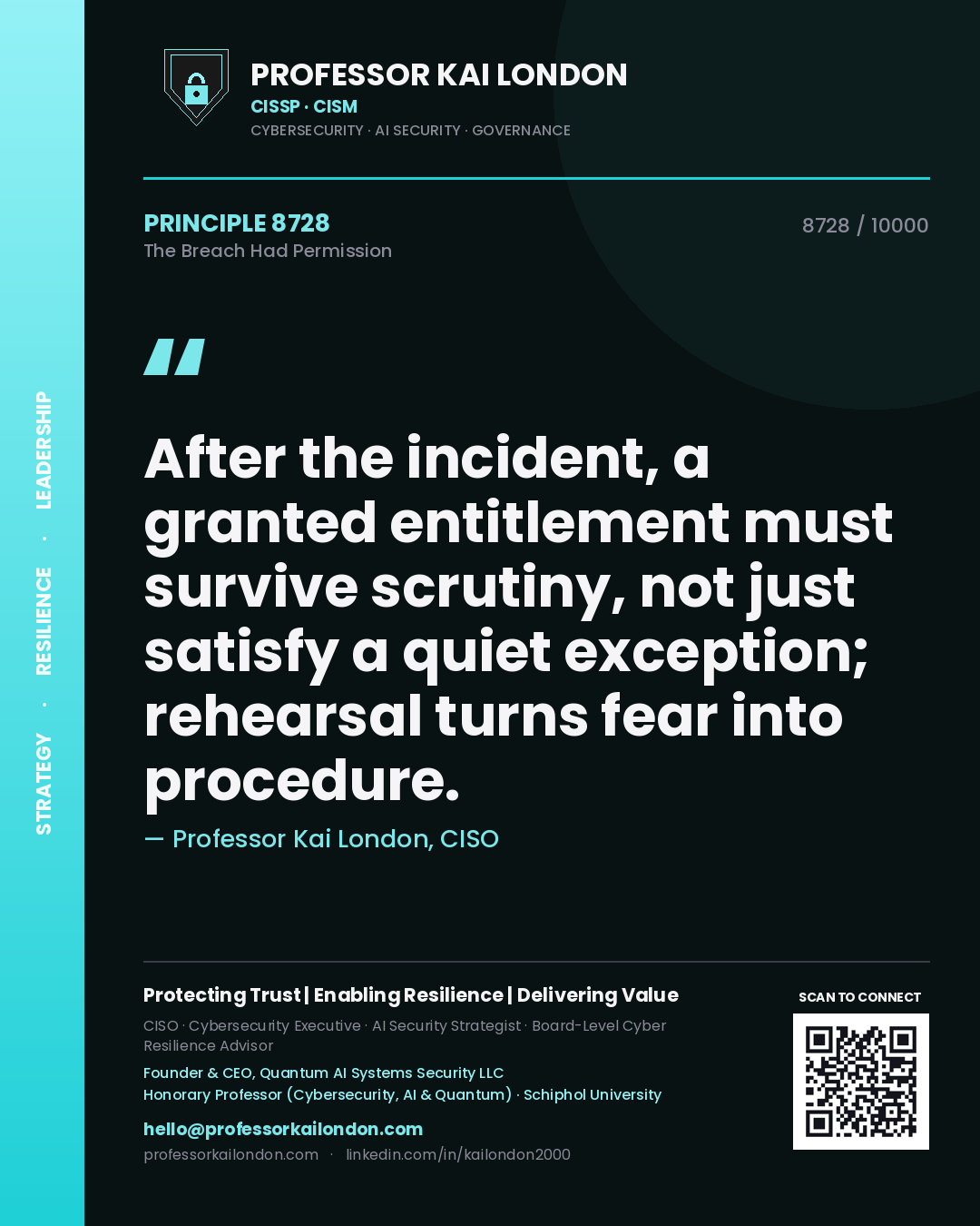 Quote card by Professor Kai London reading 'After the incident, a granted entitlement must survive scrutiny, not just satisfy a quiet exception; rehearsal turns fear into procedure.'. From the book The Breach Had Permission.
