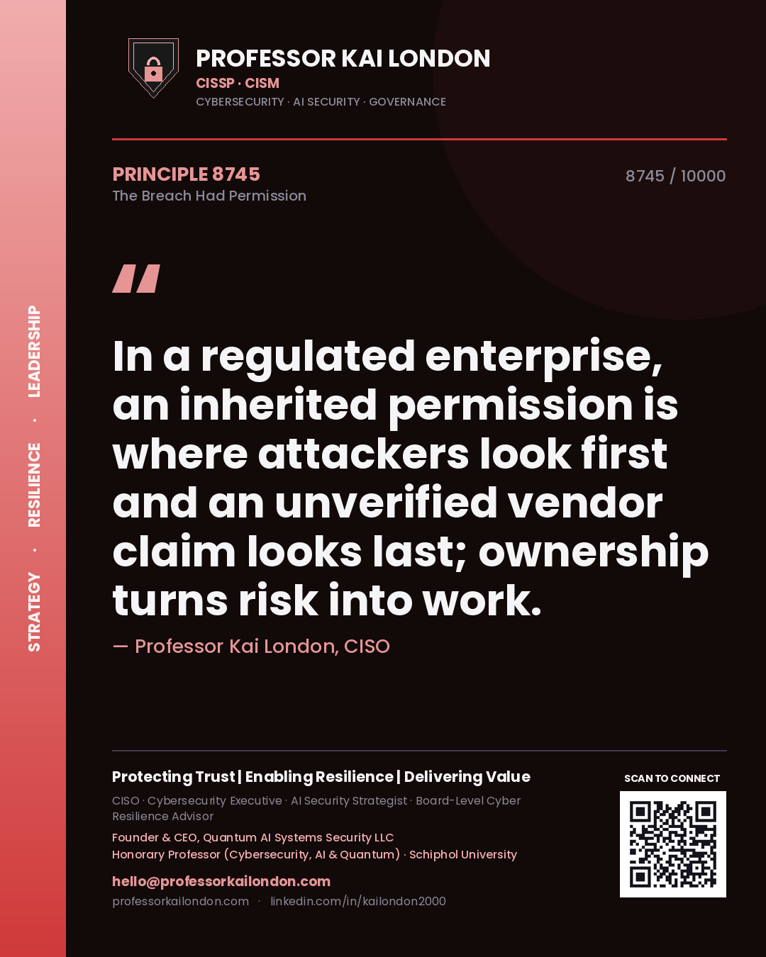 Quote card by Professor Kai London reading 'In a regulated enterprise, an inherited permission is where attackers look first and an unverified vendor claim looks last; ownership turns risk into work.'. From the book The Breach Had Permission.