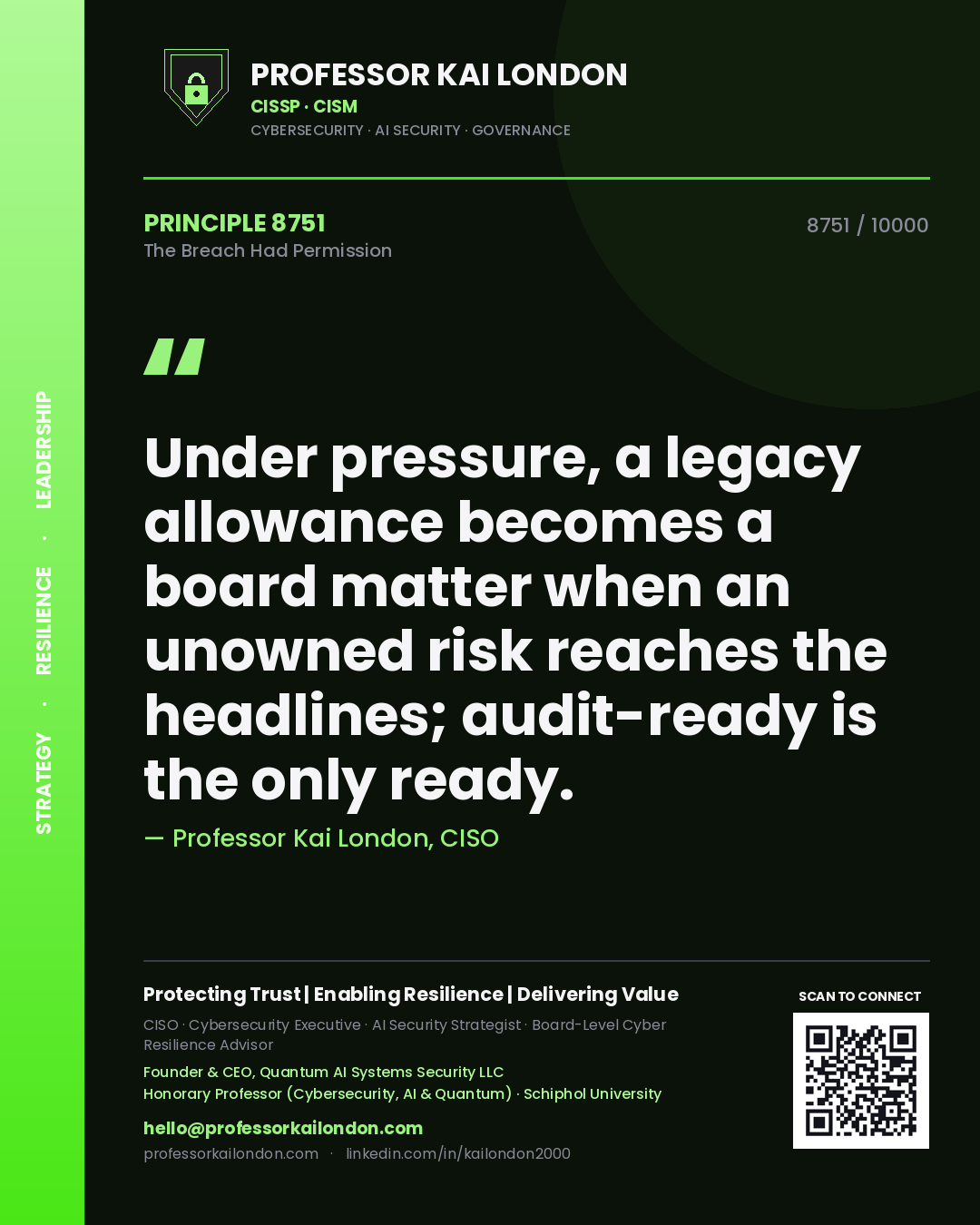 Quote card by Professor Kai London reading 'Under pressure, a legacy allowance becomes a board matter when an unowned risk reaches the headlines; audit-ready is the only ready.'. From the book The Breach Had Permission.