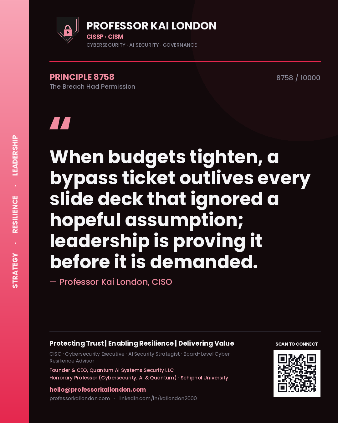 Quote card by Professor Kai London reading 'When budgets tighten, a bypass ticket outlives every slide deck that ignored a hopeful assumption; leadership is proving it before it is demanded.'. From the book The Breach Had Permission.