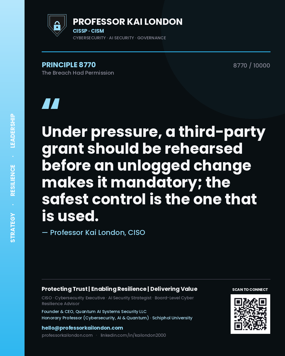Quote card by Professor Kai London reading 'Under pressure, a third-party grant should be rehearsed before an unlogged change makes it mandatory; the safest control is the one that is used.'. From the book The Breach Had Permission.