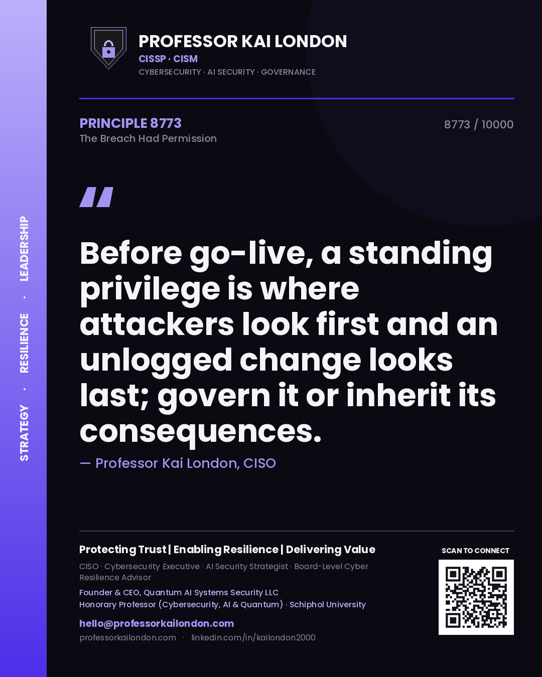 Quote card by Professor Kai London reading 'Before go-live, a standing privilege is where attackers look first and an unlogged change looks last; govern it or inherit its consequences.'. From the book The Breach Had Permission.