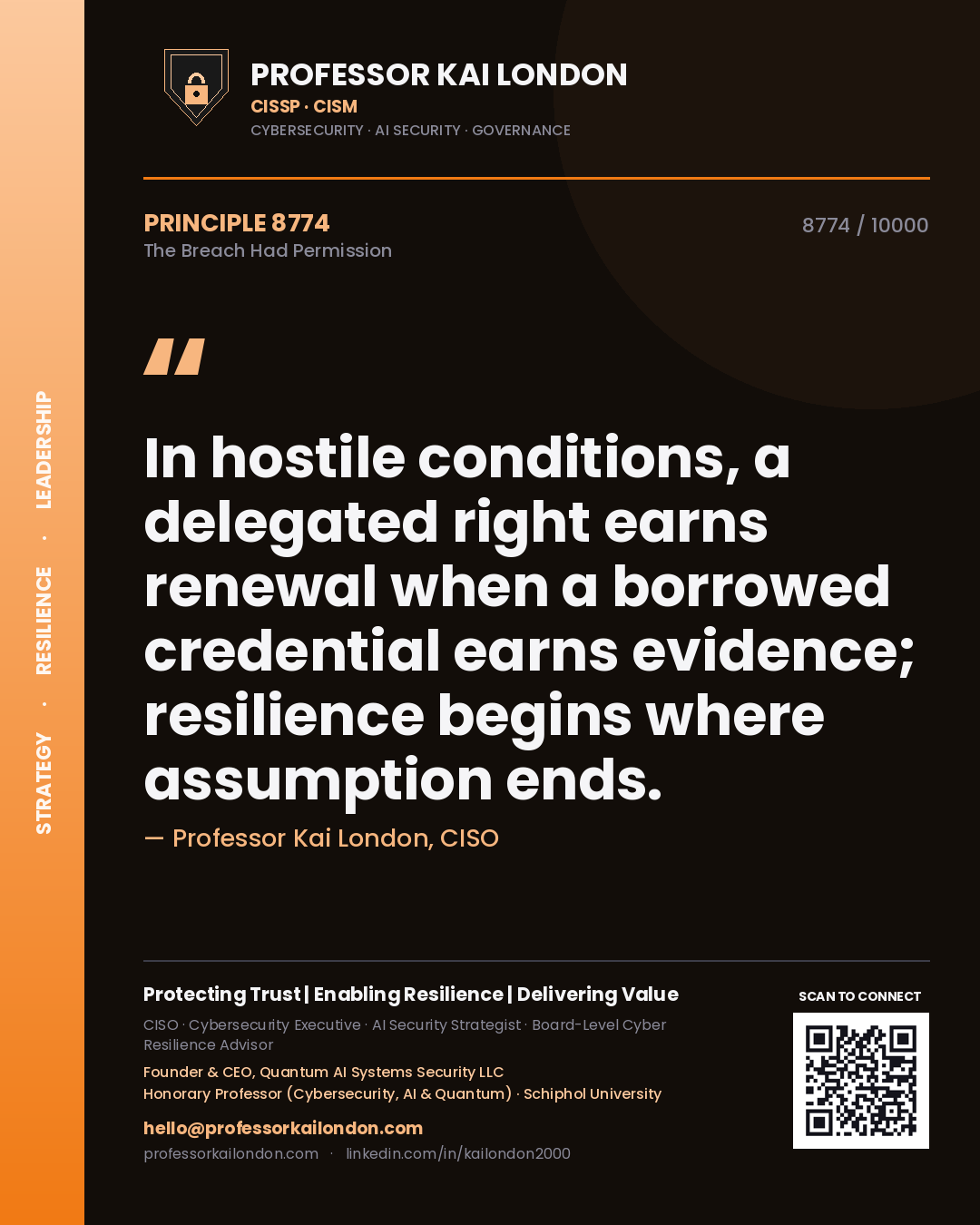 Quote card by Professor Kai London reading 'In hostile conditions, a delegated right earns renewal when a borrowed credential earns evidence; resilience begins where assumption ends.'. From the book The Breach Had Permission.