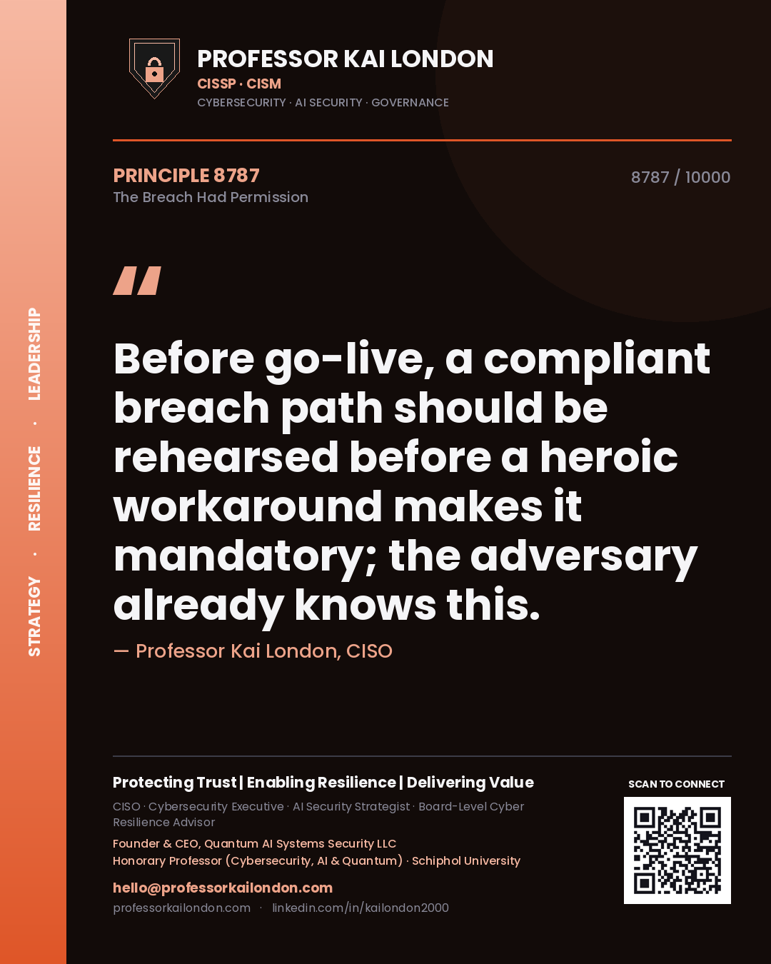 Quote card by Professor Kai London reading 'Before go-live, a compliant breach path should be rehearsed before a heroic workaround makes it mandatory; the adversary already knows this.'. From the book The Breach Had Permission.
