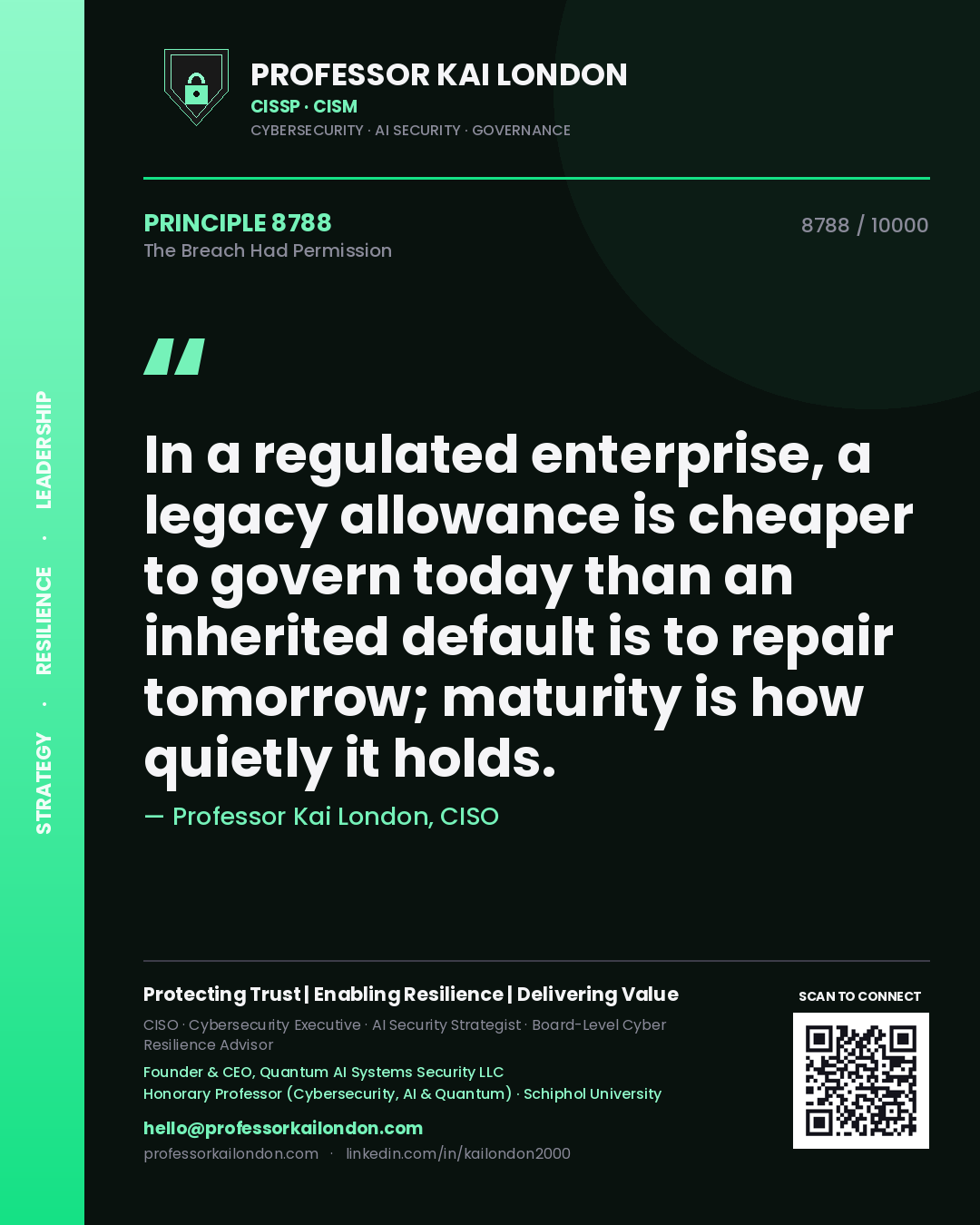 Quote card by Professor Kai London reading 'In a regulated enterprise, a legacy allowance is cheaper to govern today than an inherited default is to repair tomorrow; maturity is how quietly it holds.'. From the book The Breach Had Permission.