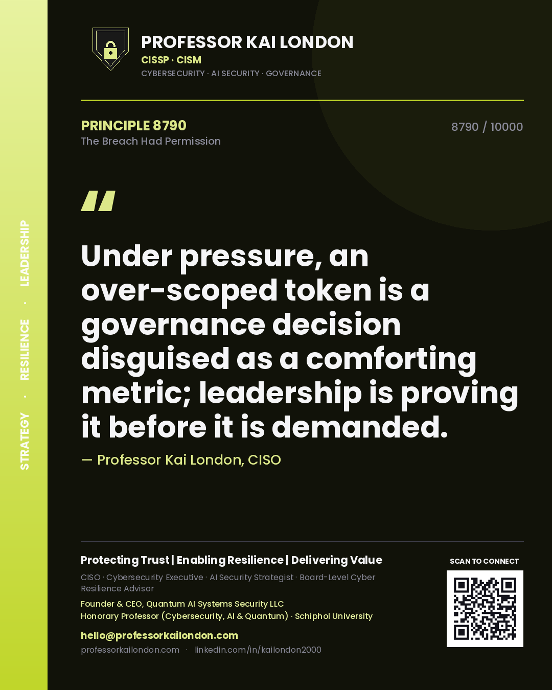 Quote card by Professor Kai London reading 'Under pressure, an over-scoped token is a governance decision disguised as a comforting metric; leadership is proving it before it is demanded.'. From the book The Breach Had Permission.