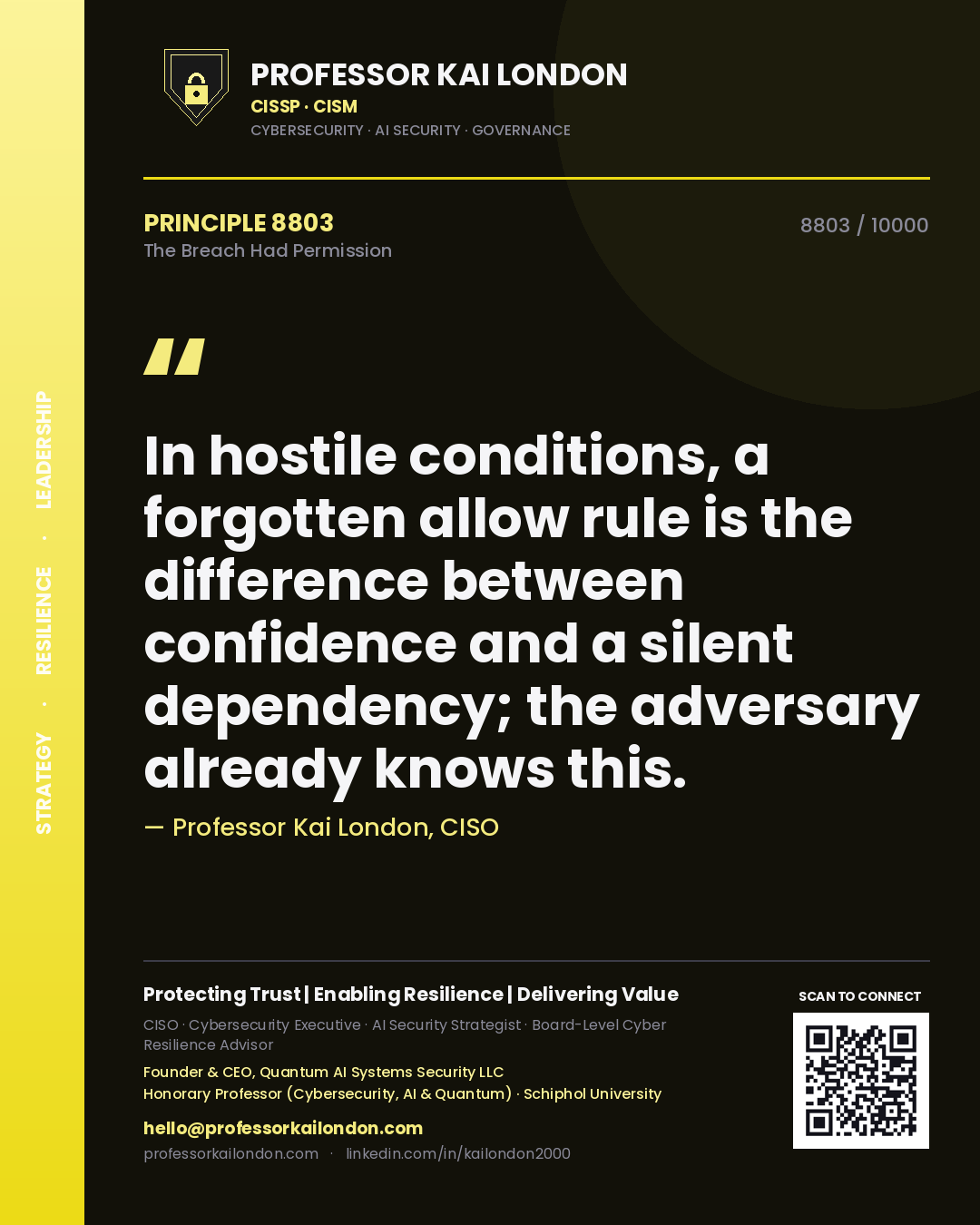 Quote card by Professor Kai London reading 'In hostile conditions, a forgotten allow rule is the difference between confidence and a silent dependency; the adversary already knows this.'. From the book The Breach Had Permission.