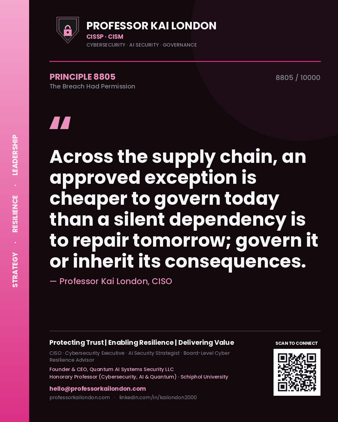 Quote card by Professor Kai London reading 'Across the supply chain, an approved exception is cheaper to govern today than a silent dependency is to repair tomorrow; govern it or inherit its consequences.'. From the book The Breach Had Permission.