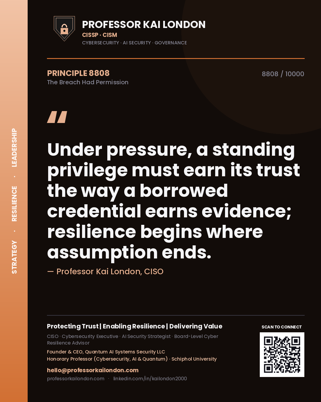 Quote card by Professor Kai London reading 'Under pressure, a standing privilege must earn its trust the way a borrowed credential earns evidence; resilience begins where assumption ends.'. From the book The Breach Had Permission.