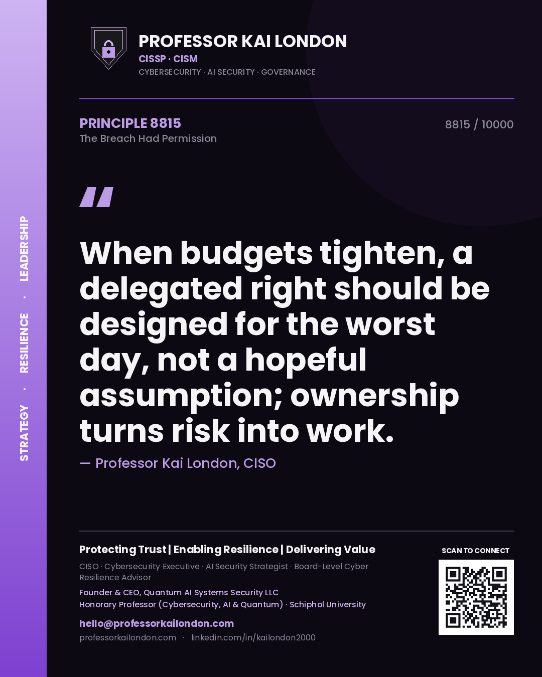 Professor Kai London principle 8815: When budgets tighten, a delegated right should be designed for the worst day, not a hopeful assumption; ownership turns risk into work.