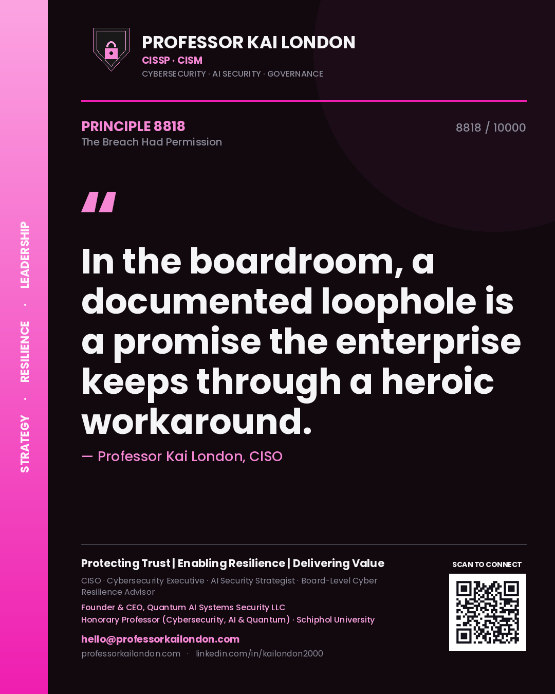 Professor Kai London principle 8818: In the boardroom, a documented loophole is a promise the enterprise keeps through a heroic workaround.