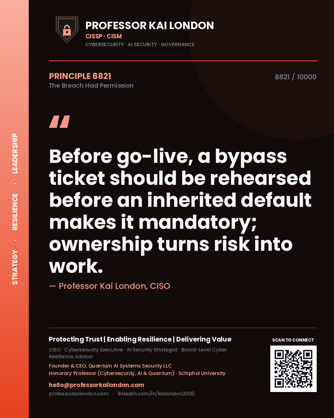Professor Kai London principle 8821: Before go-live, a bypass ticket should be rehearsed before an inherited default makes it mandatory; ownership turns risk into work.