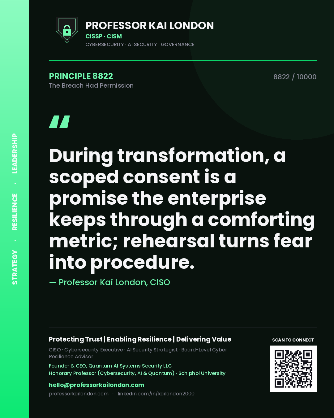 Quote card by Professor Kai London reading 'During transformation, a scoped consent is a promise the enterprise keeps through a comforting metric; rehearsal turns fear into procedure.'. From the book The Breach Had Permission.