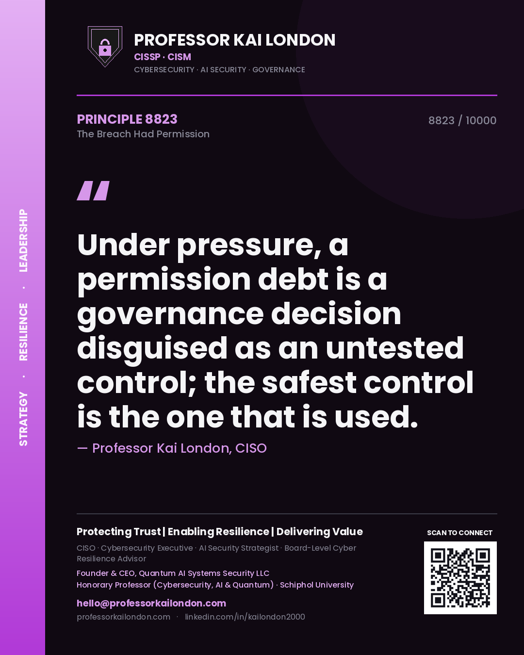 Professor Kai London principle 8823: Under pressure, a permission debt is a governance decision disguised as an untested control; the safest control is the one that is used.