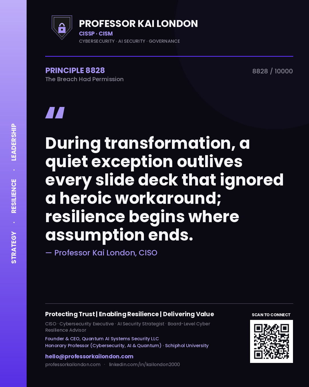 Professor Kai London principle 8828: During transformation, a quiet exception outlives every slide deck that ignored a heroic workaround; resilience begins where assumption ends.
