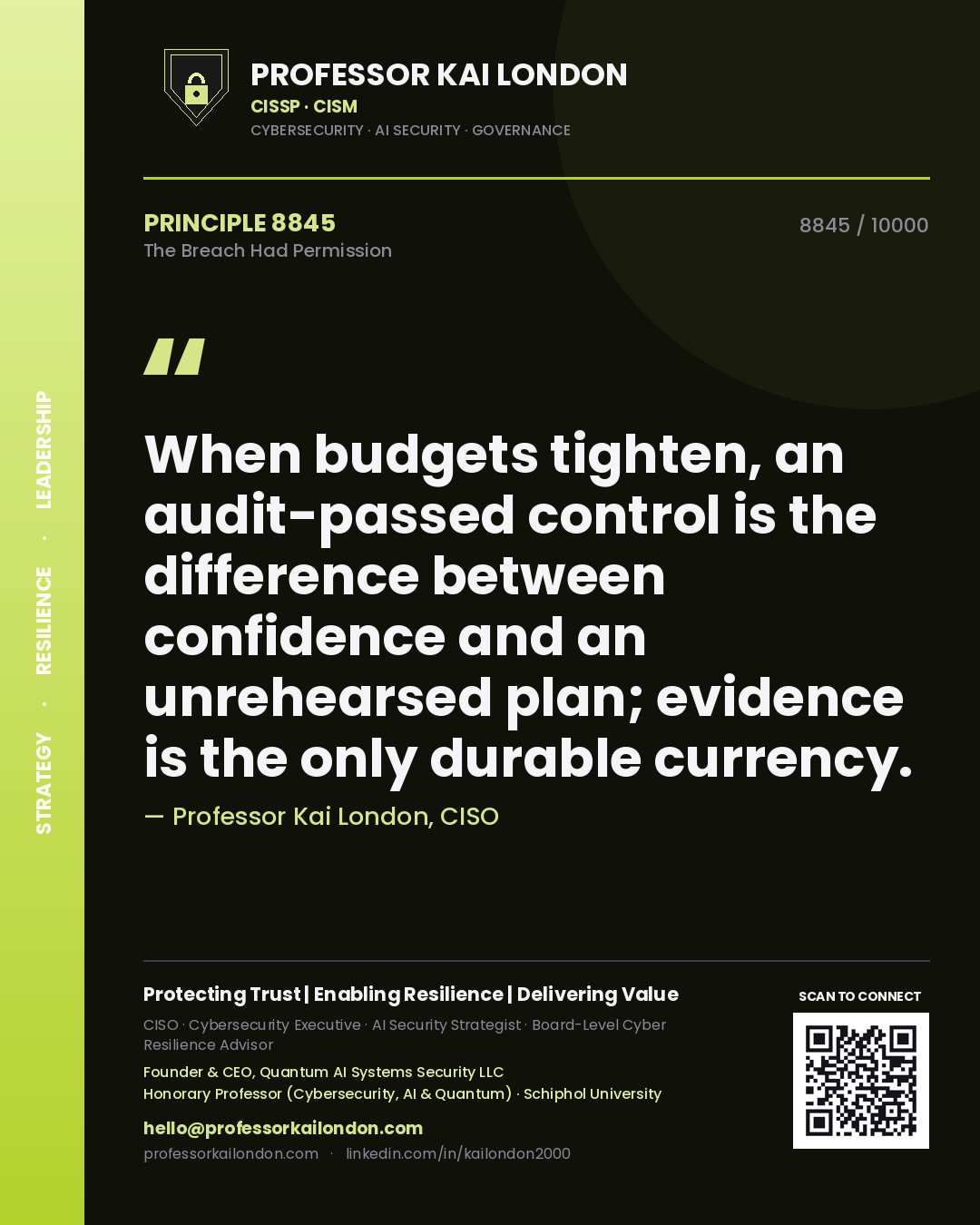 Professor Kai London principle 8845: When budgets tighten, an audit-passed control is the difference between confidence and an unrehearsed plan; evidence is the only durable currency.