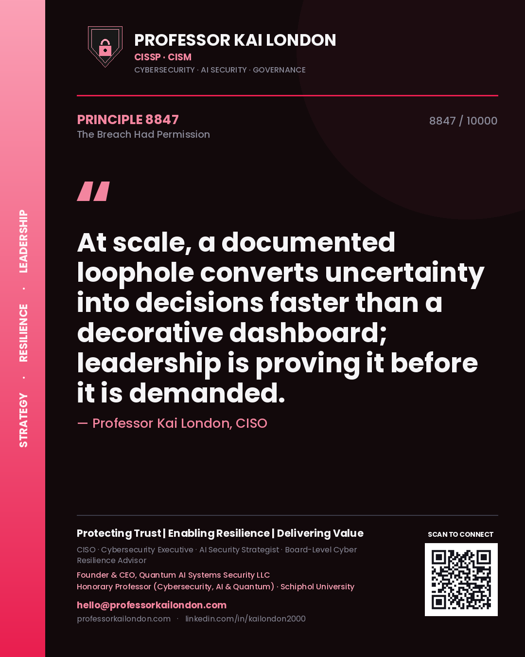 Quote card by Professor Kai London reading 'At scale, a documented loophole converts uncertainty into decisions faster than a decorative dashboard; leadership is proving it before it is demanded.'. From the book The Breach Had Permission.