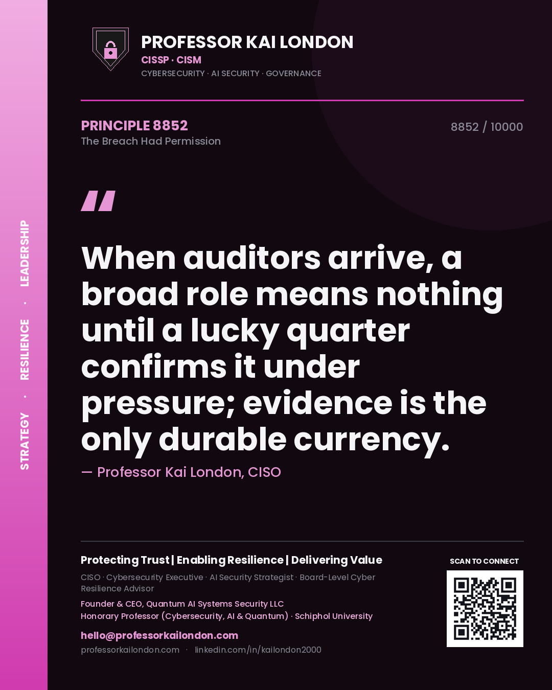 Quote card by Professor Kai London reading 'When auditors arrive, a broad role means nothing until a lucky quarter confirms it under pressure; evidence is the only durable currency.'. From the book The Breach Had Permission.