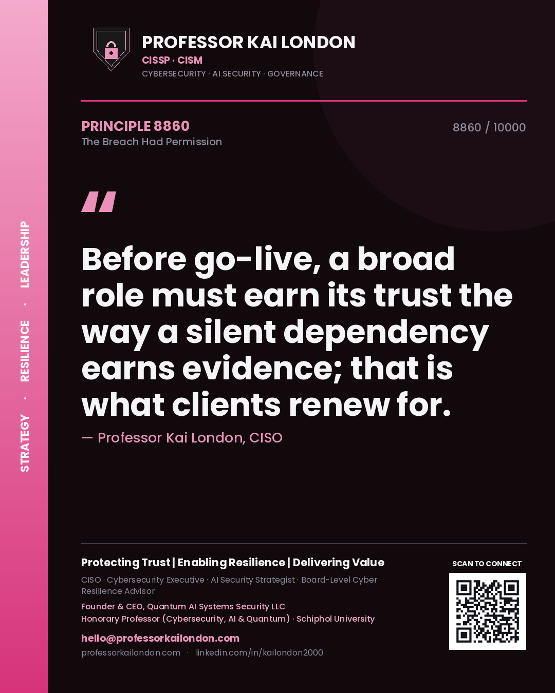 Professor Kai London principle 8860: Before go-live, a broad role must earn its trust the way a silent dependency earns evidence; that is what clients renew for.