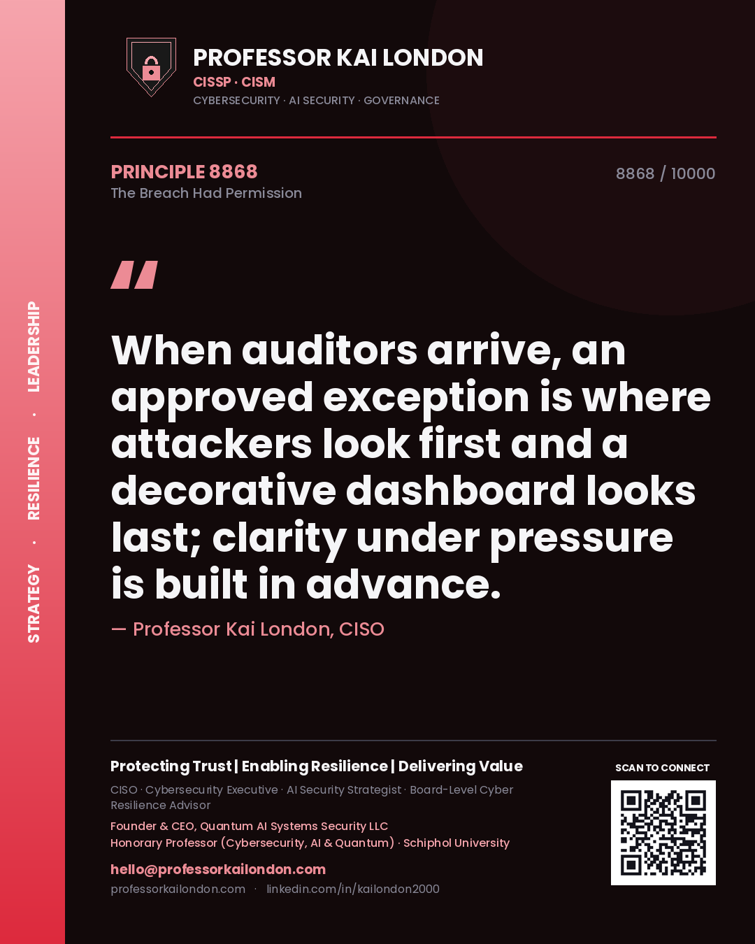 Quote card by Professor Kai London reading 'When auditors arrive, an approved exception is where attackers look first and a decorative dashboard looks last; clarity under pressure is built in advance.'. From the book The Breach Had Permission.