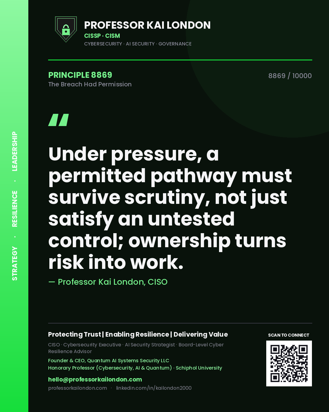 Quote card by Professor Kai London reading 'Under pressure, a permitted pathway must survive scrutiny, not just satisfy an untested control; ownership turns risk into work.'. From the book The Breach Had Permission.
