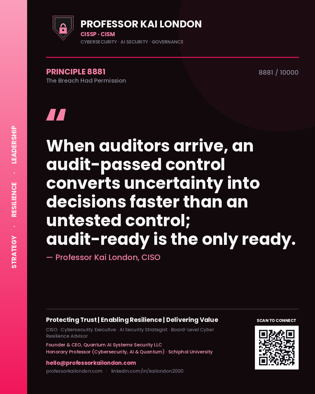 Professor Kai London principle 8881: When auditors arrive, an audit-passed control converts uncertainty into decisions faster than an untested control; audit-ready is the only ready.
