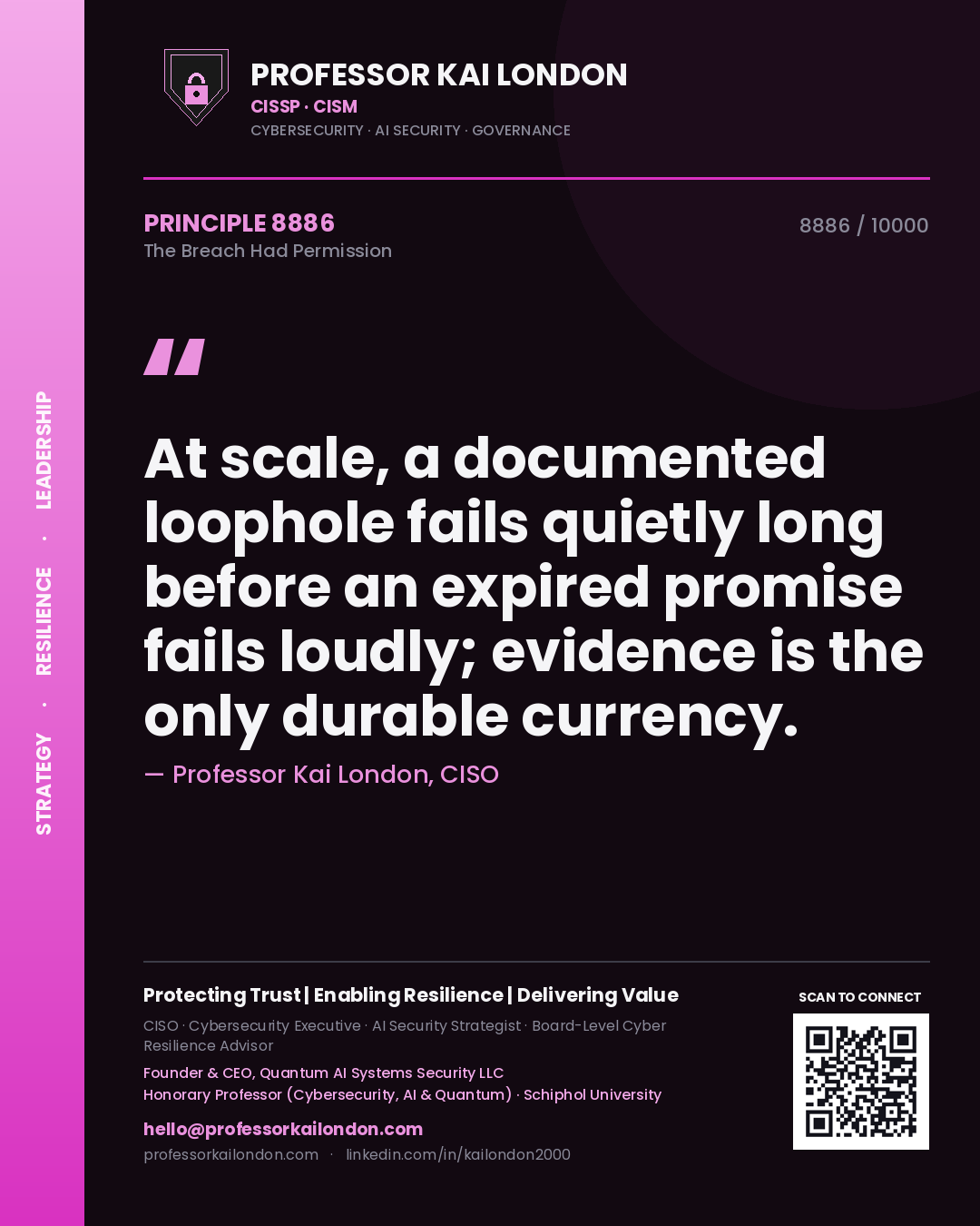 Professor Kai London principle 8886: At scale, a documented loophole fails quietly long before an expired promise fails loudly; evidence is the only durable currency.
