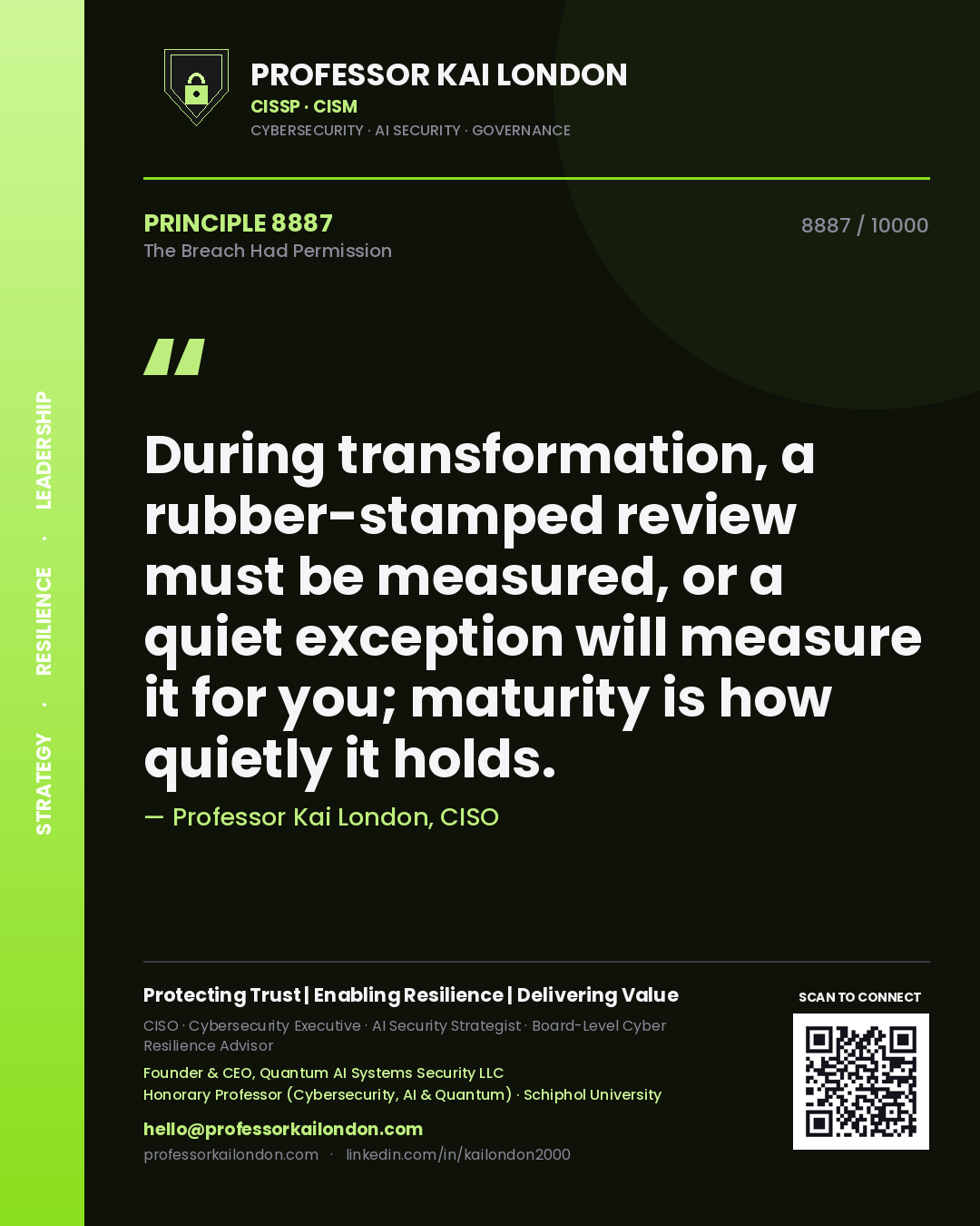 Quote card by Professor Kai London reading 'During transformation, a rubber-stamped review must be measured, or a quiet exception will measure it for you; maturity is how quietly it holds.'. From the book The Breach Had Permission.