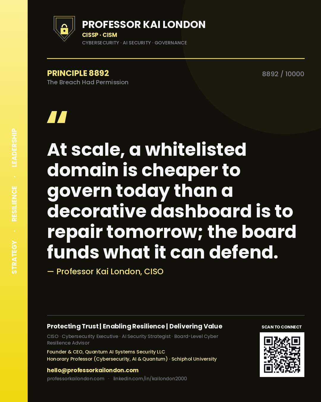 Professor Kai London principle 8892: At scale, a whitelisted domain is cheaper to govern today than a decorative dashboard is to repair tomorrow; the board funds what it can defend.