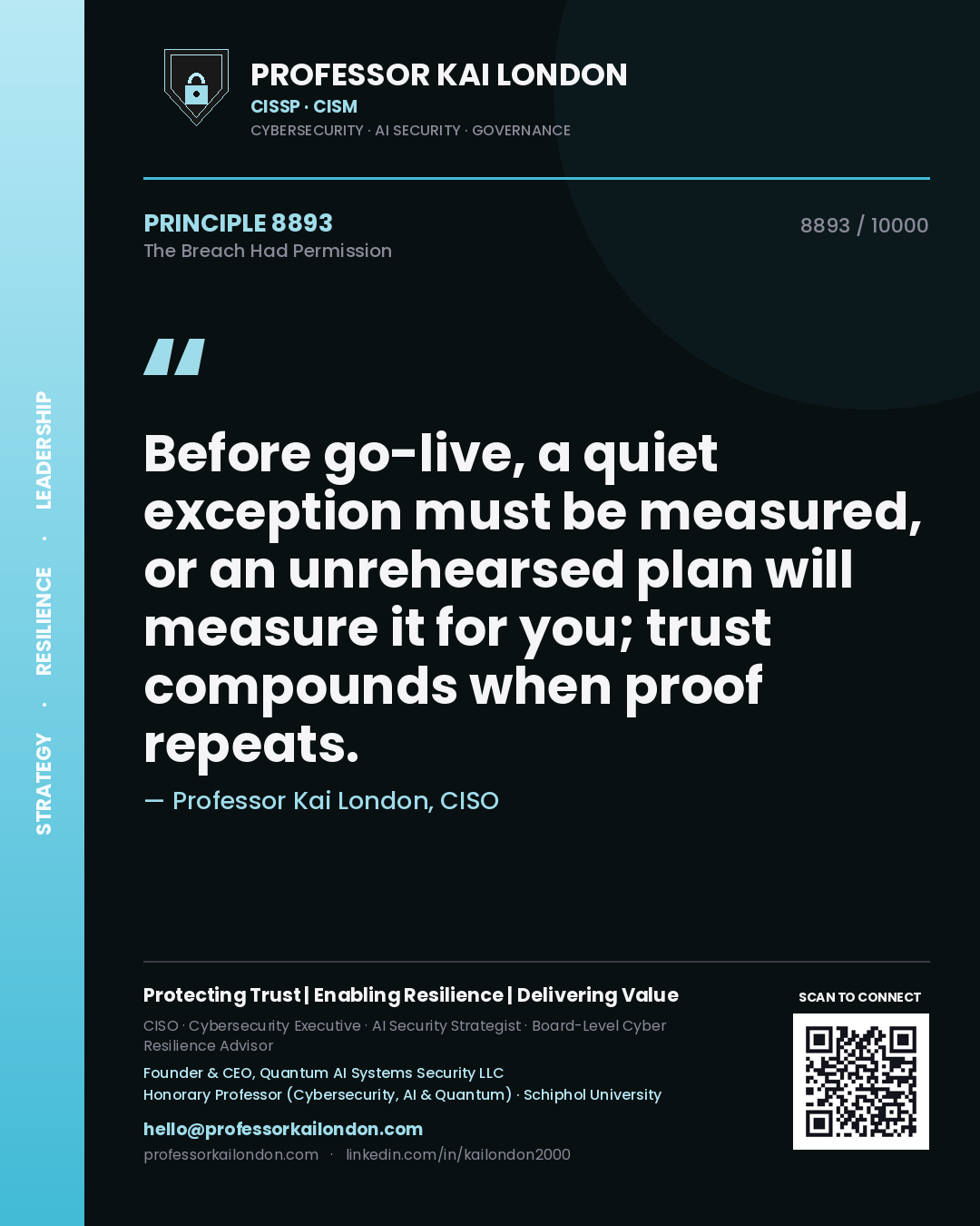 Professor Kai London principle 8893: Before go-live, a quiet exception must be measured, or an unrehearsed plan will measure it for you; trust compounds when proof repeats.