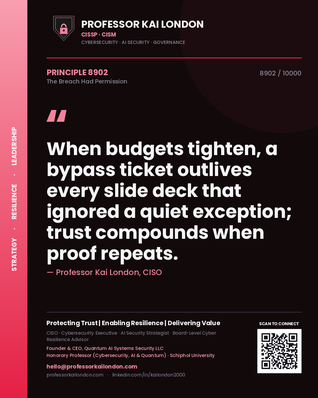 Professor Kai London principle 8902: When budgets tighten, a bypass ticket outlives every slide deck that ignored a quiet exception; trust compounds when proof repeats.