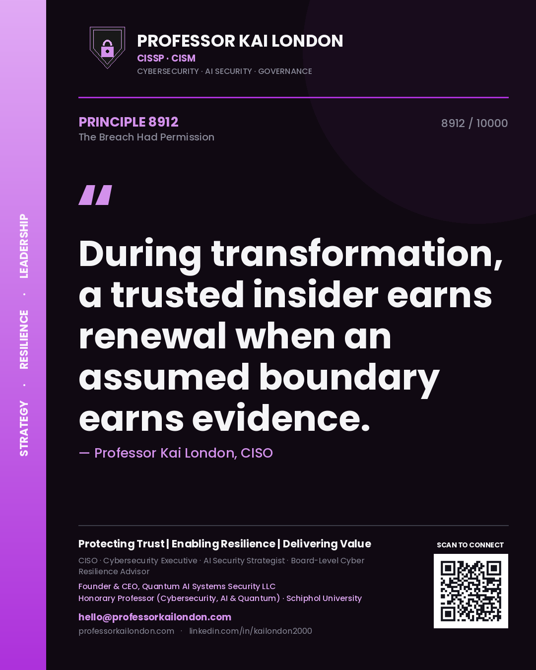 Professor Kai London principle 8912: During transformation, a trusted insider earns renewal when an assumed boundary earns evidence.