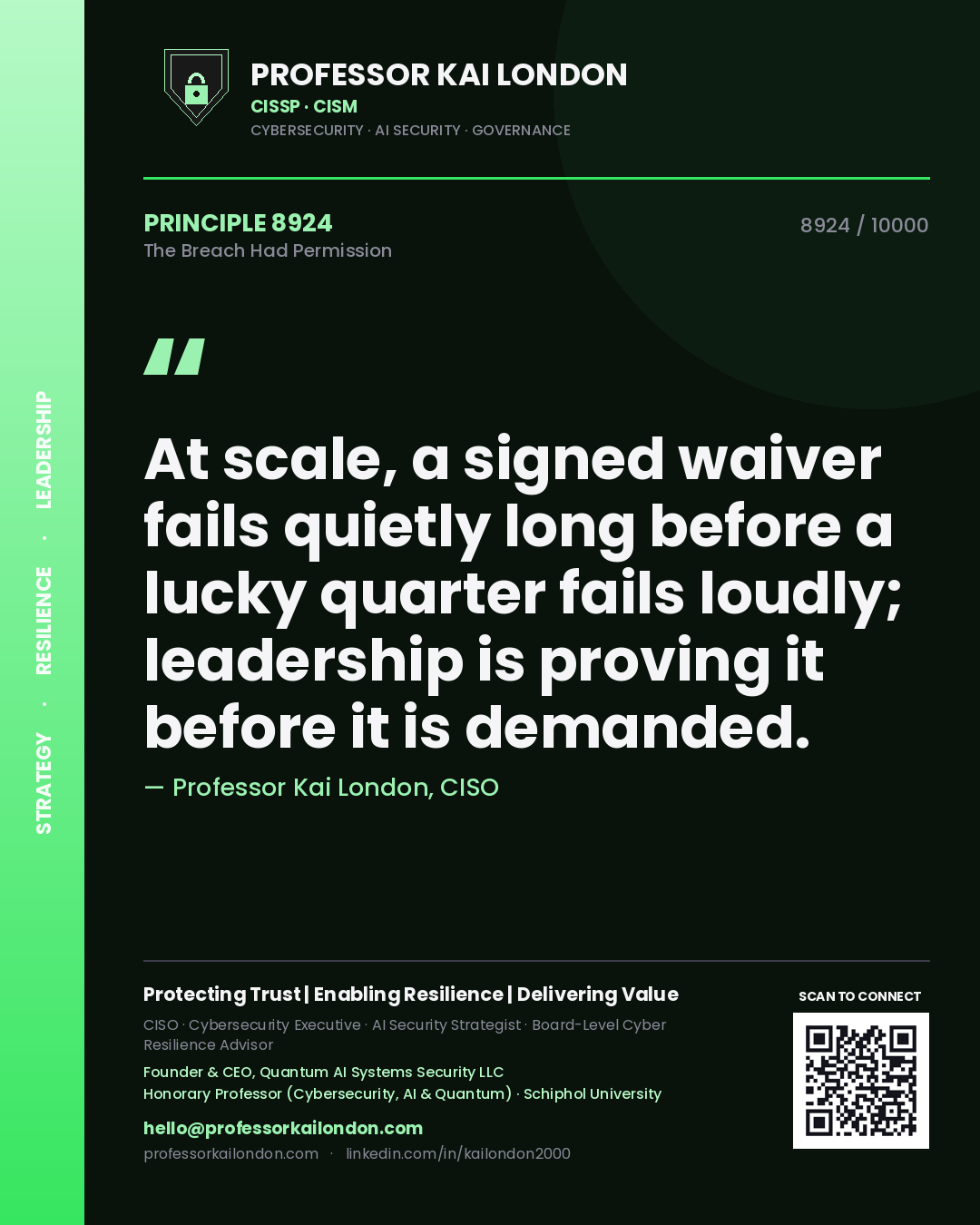 Quote card by Professor Kai London reading 'At scale, a signed waiver fails quietly long before a lucky quarter fails loudly; leadership is proving it before it is demanded.'. From the book The Breach Had Permission.