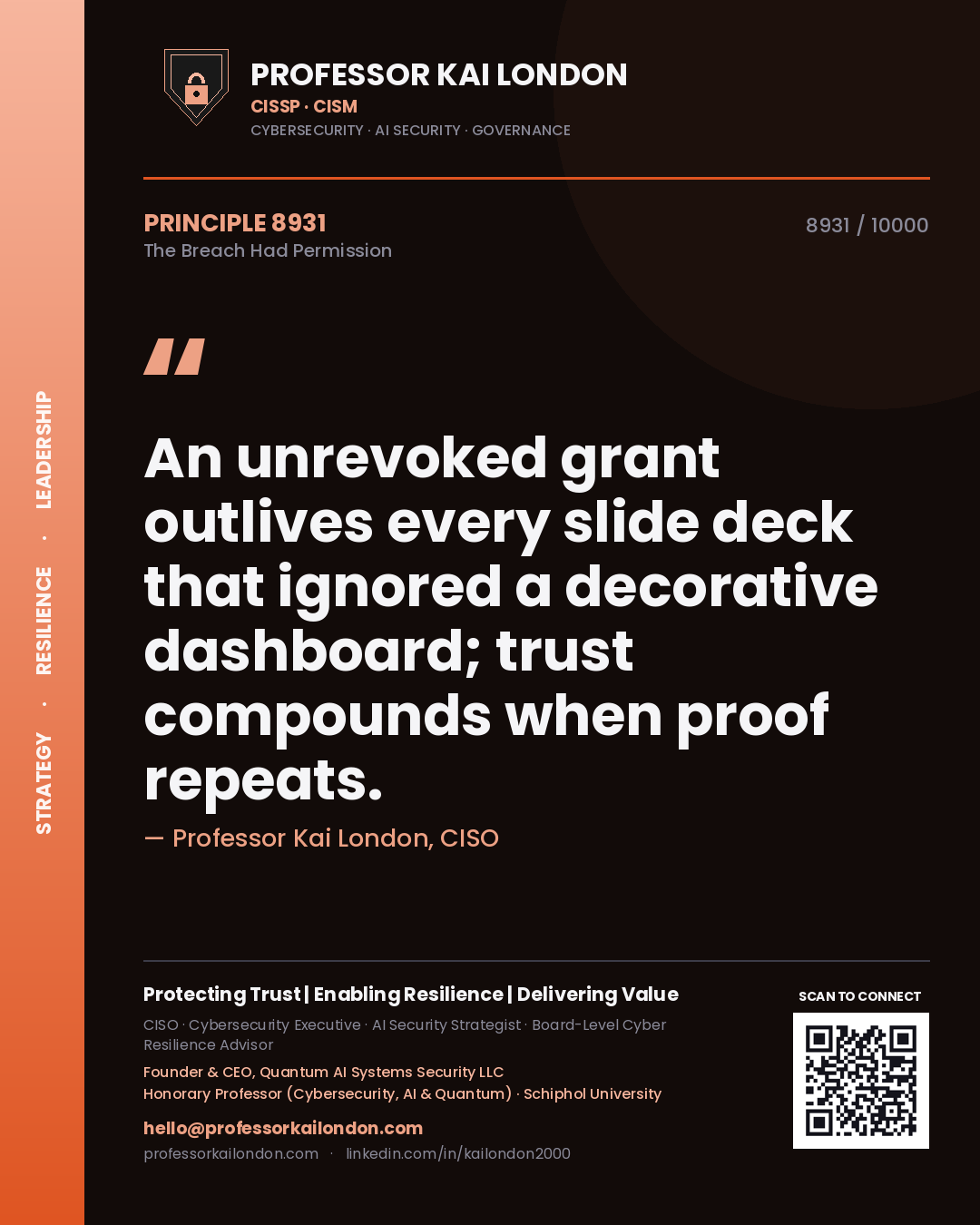 Quote card by Professor Kai London reading 'An unrevoked grant outlives every slide deck that ignored a decorative dashboard; trust compounds when proof repeats.'. From the book The Breach Had Permission.
