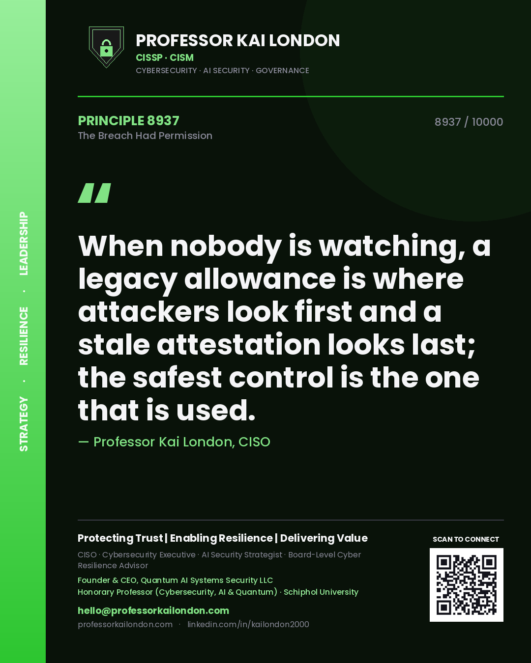 Professor Kai London principle 8937: When nobody is watching, a legacy allowance is where attackers look first and a stale attestation looks last; the safest control is the one that is used.