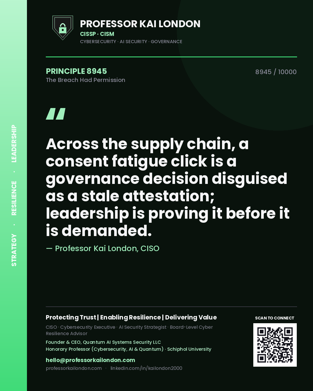 Quote card by Professor Kai London reading 'Across the supply chain, a consent fatigue click is a governance decision disguised as a stale attestation; leadership is proving it before it is demanded.'. From the book The Breach Had Permission.