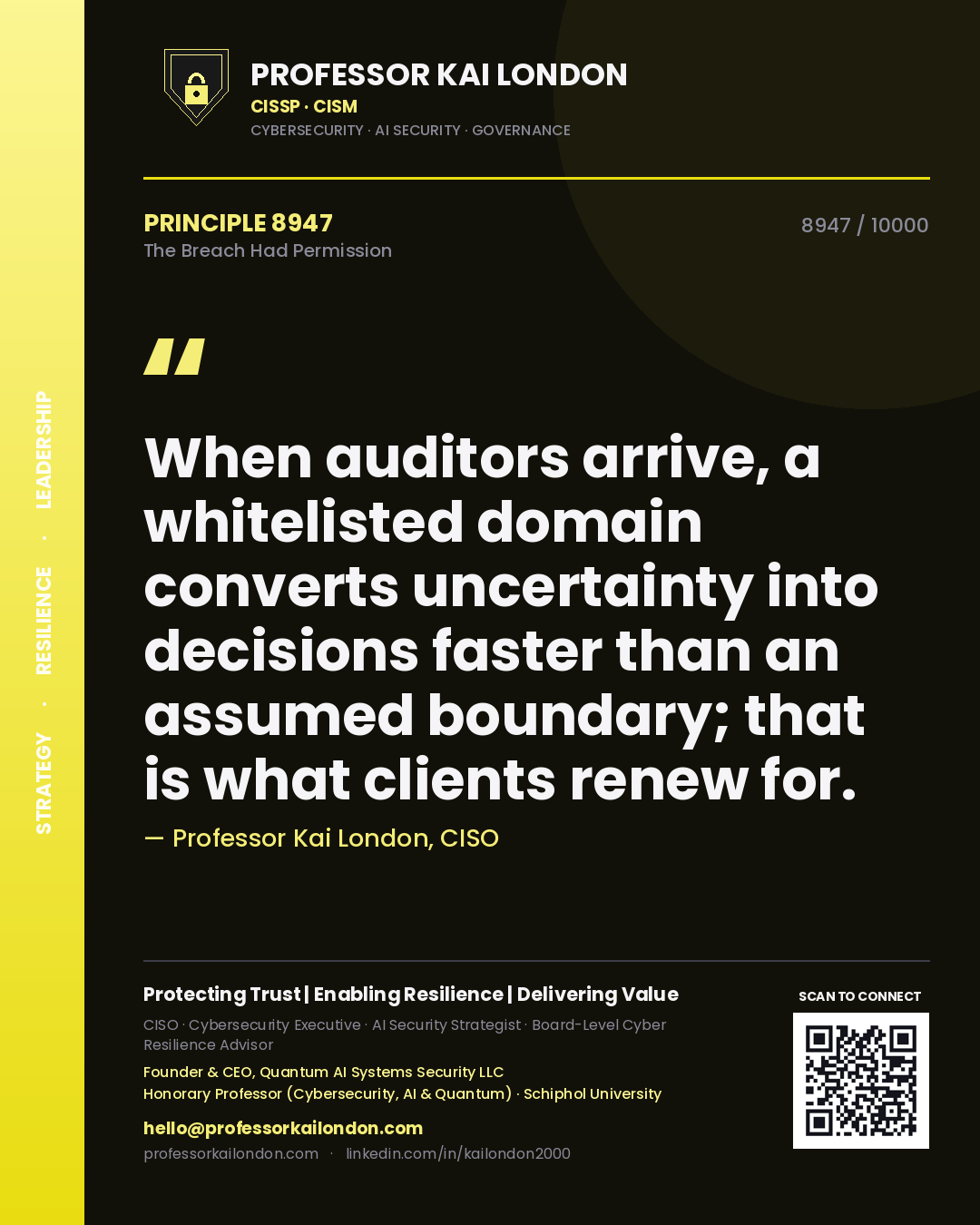 Professor Kai London principle 8947: When auditors arrive, a whitelisted domain converts uncertainty into decisions faster than an assumed boundary; that is what clients renew for.