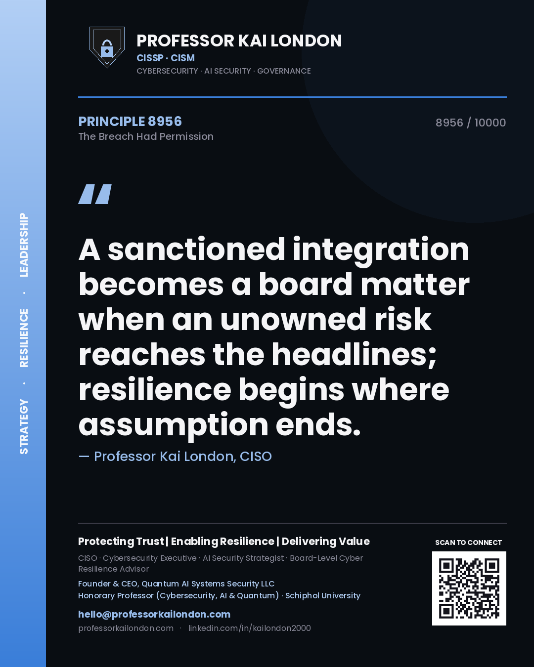 Professor Kai London principle 8956: A sanctioned integration becomes a board matter when an unowned risk reaches the headlines; resilience begins where assumption ends.