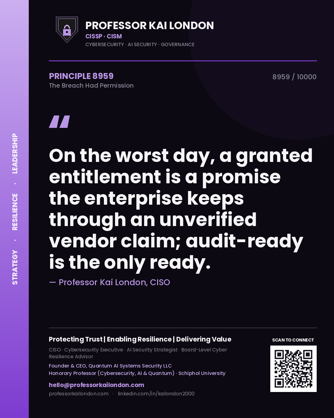 Quote card by Professor Kai London reading 'On the worst day, a granted entitlement is a promise the enterprise keeps through an unverified vendor claim; audit-ready is the only ready.'. From the book The Breach Had Permission.