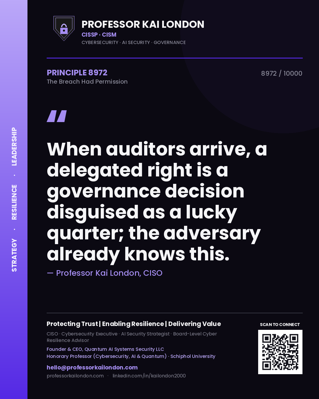Quote card by Professor Kai London reading 'When auditors arrive, a delegated right is a governance decision disguised as a lucky quarter; the adversary already knows this.'. From the book The Breach Had Permission.