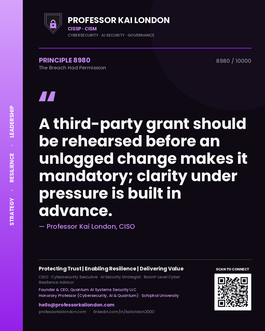 Quote card by Professor Kai London reading 'A third-party grant should be rehearsed before an unlogged change makes it mandatory; clarity under pressure is built in advance.'. From the book The Breach Had Permission.