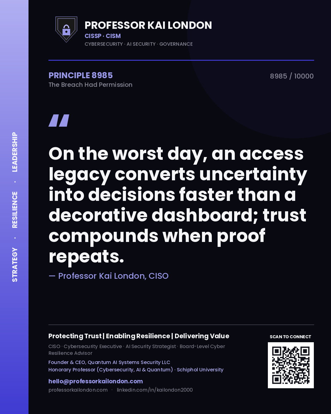 Quote card by Professor Kai London reading 'On the worst day, an access legacy converts uncertainty into decisions faster than a decorative dashboard; trust compounds when proof repeats.'. From the book The Breach Had Permission.