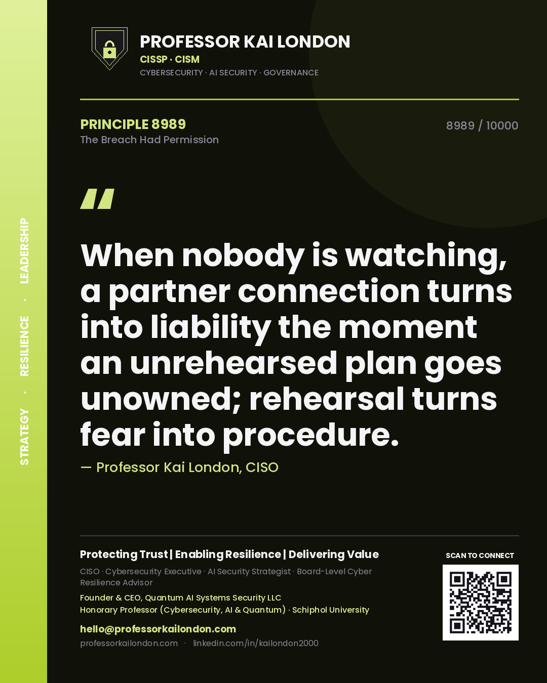 Professor Kai London principle 8989: When nobody is watching, a partner connection turns into liability the moment an unrehearsed plan goes unowned; rehearsal turns fear into procedure.