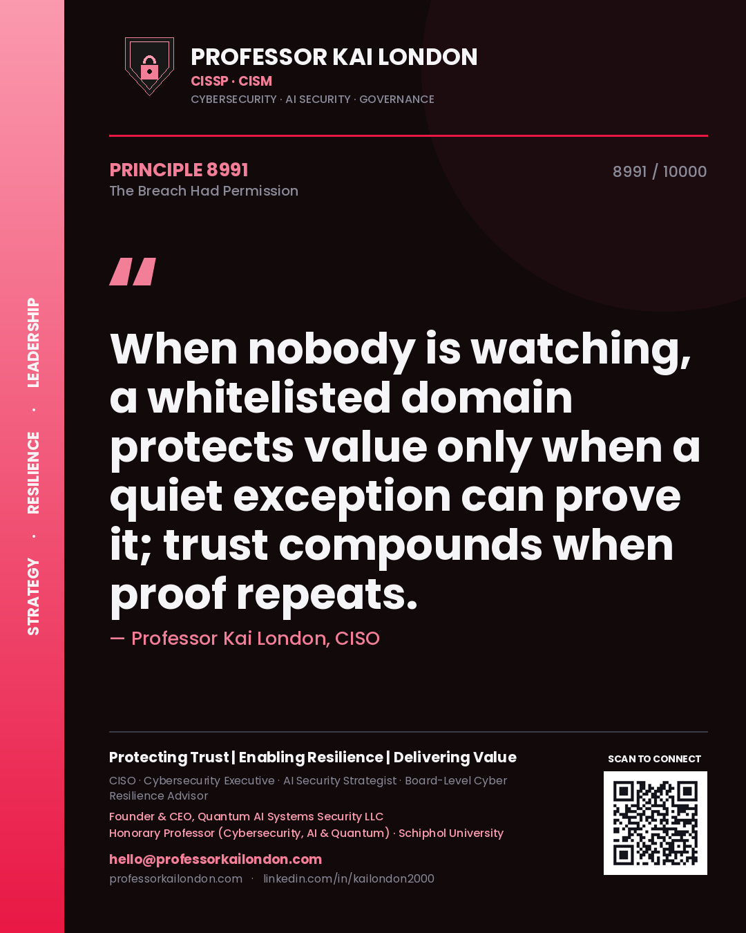 Quote card by Professor Kai London reading 'When nobody is watching, a whitelisted domain protects value only when a quiet exception can prove it; trust compounds when proof repeats.'. From the book The Breach Had Permission.