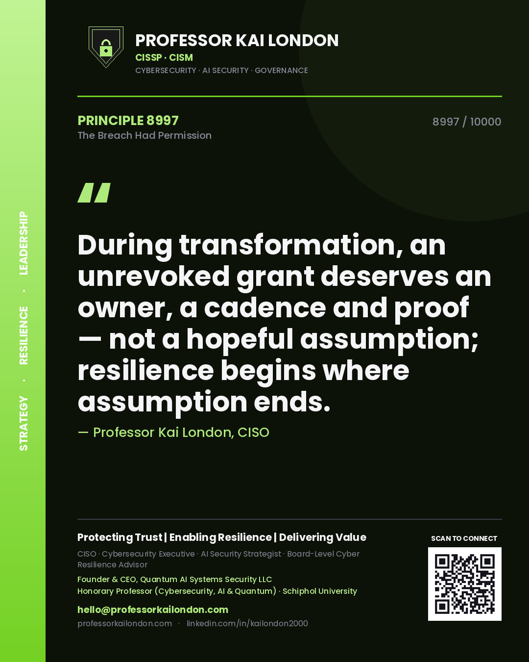 Quote card by Professor Kai London reading 'During transformation, an unrevoked grant deserves an owner, a cadence and proof — not a hopeful assumption; resilience begins where assumption ends.'. From the book The Breach Had Permission.