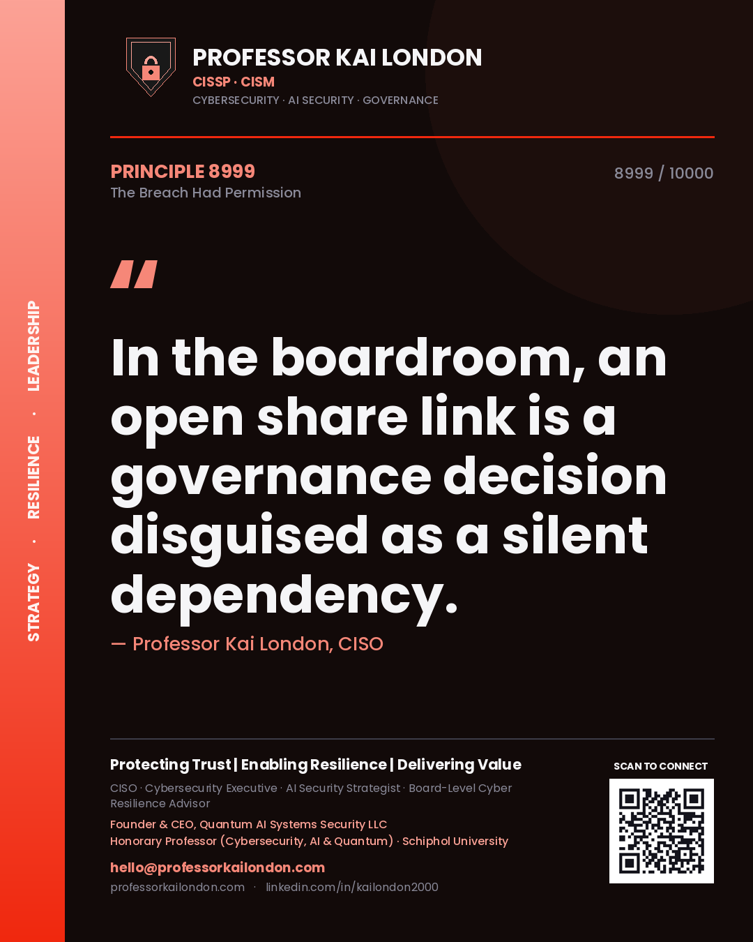 Quote card by Professor Kai London reading 'In the boardroom, an open share link is a governance decision disguised as a silent dependency.'. From the book The Breach Had Permission.